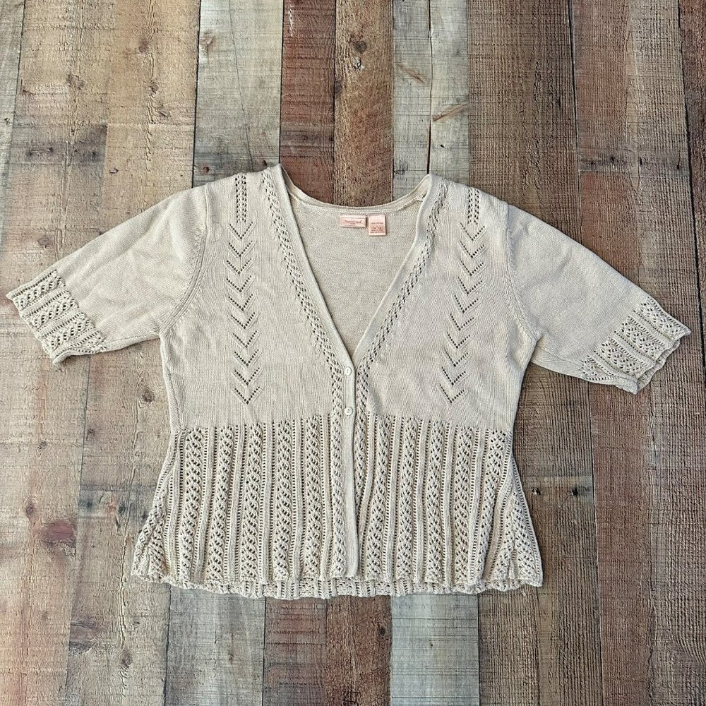Northcrest tan vneck button down cable knit quarter sleeve top women's L